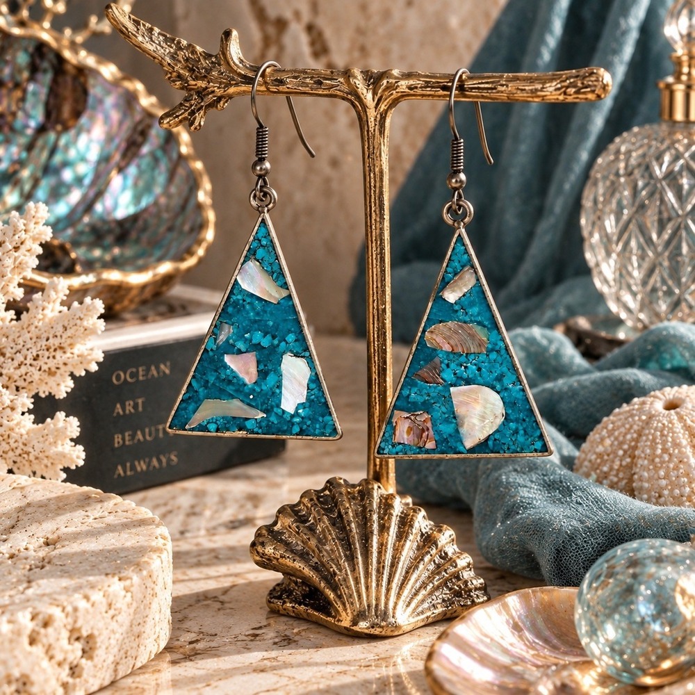 Vintage Turquoise Shell Inlay Earrings Mexico Southwestern Boho Triangle Dangle - Picture 5 of 5